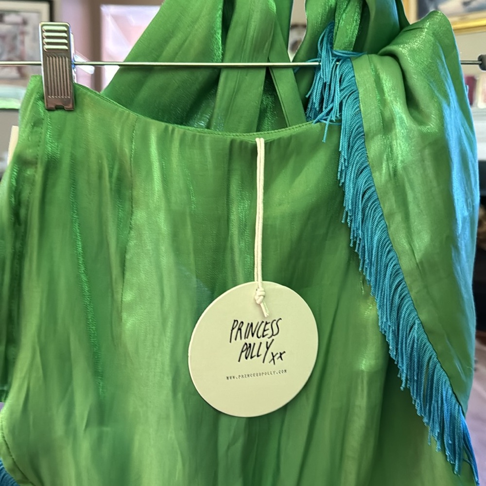 Green Satin Fringe Mini Skirt - Brand: - Picture 5 of 6